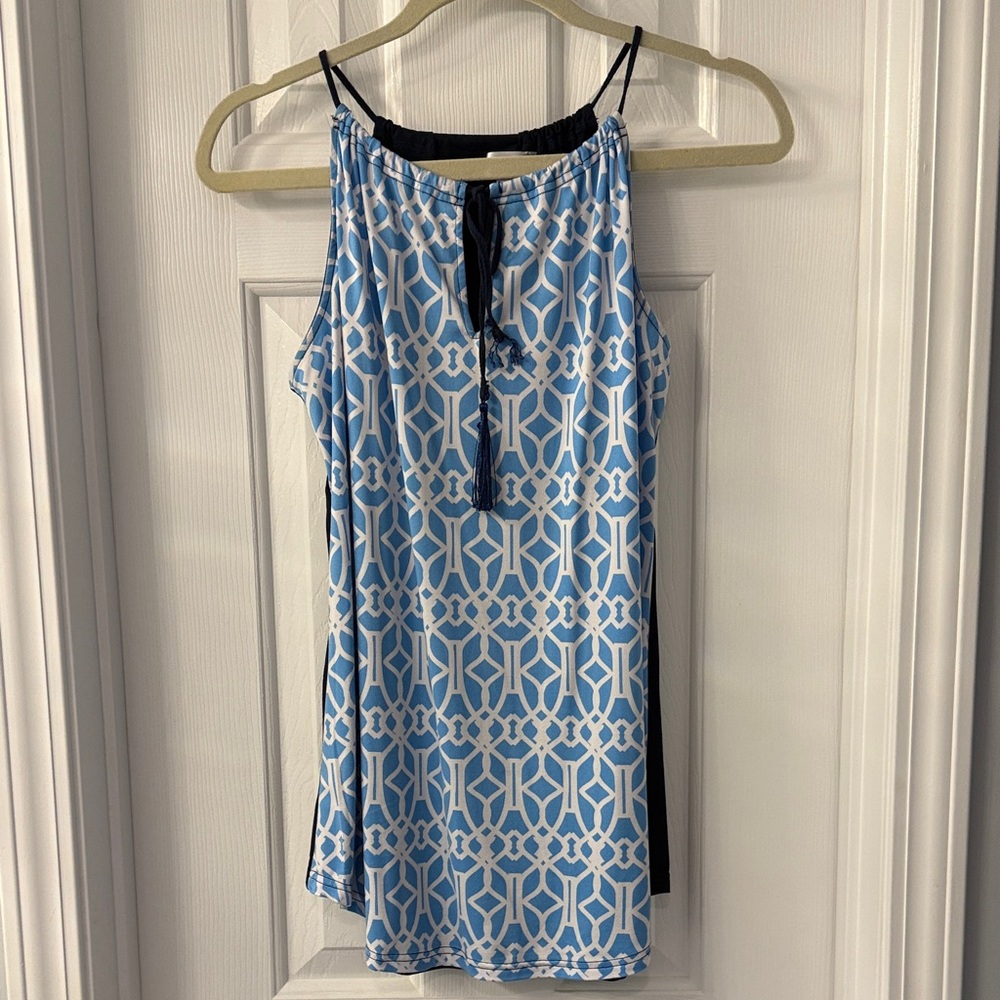 Light Blue & White Geometric Halter Camisole with Navy Trim